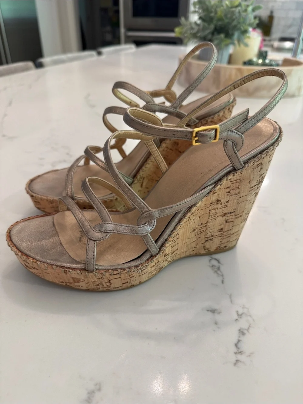 Stuart Weitzman Neutral Metallic Strappy Cork Wedge Sandals - size 7.5